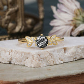 6 Prong Round Cut Black Rutilated Quartz Brilliant Sparkle Leaf Engagement Ring Nature Inspired Ring for women